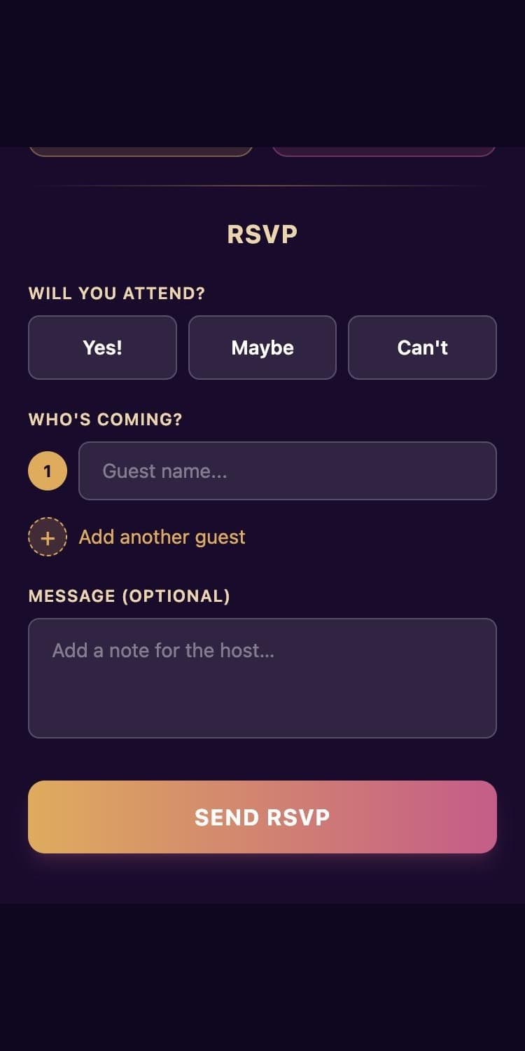 The RSVP form on a phone: will you attend, who's coming, a message, and a send button