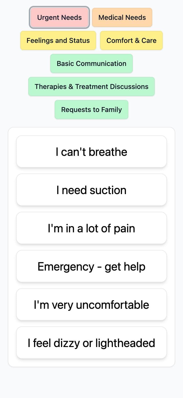 The communication board on a phone: color-coded categories and large phrases